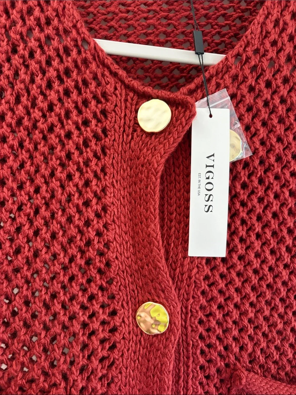 NWT Vigoss Office Career Deep Red Crochet Knit Button Vest Gold Buttons Large